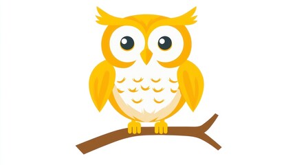Cartoon owl illustration in golden hues, perched on a brown branch, against white
