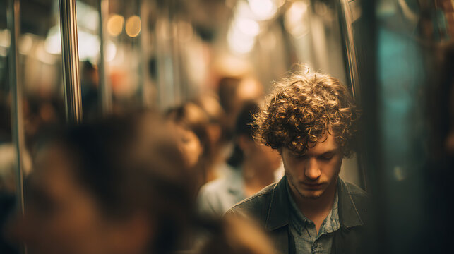Young man contemplating during subway commute - Powered by Adobe