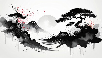 Ink Wash Painting Moonlit Mountain and Bonsai Trees, Japanese Art, Sumi-e
