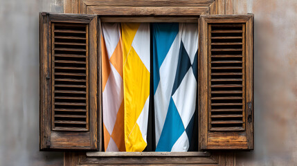 A rustic wooden window with open shutters reveals colorful, patterned curtains in shades of yellow, white, blue, and black against a textured wall.
