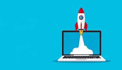Laptop Rocket Launch Digital Startup Concept, online business , digital marketing