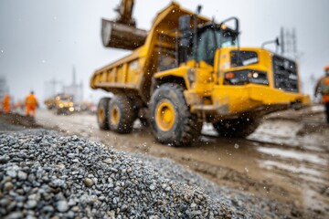 Obraz premium Yellow dump truck at construction site during gravel unloading
