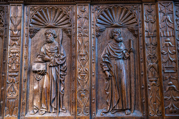Notre-Dame cathedral, Paris, France. 16th century reliefs on wood