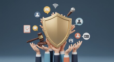 Comprehensive Digital Security and Legal Protection:  A 3D Render of Hands Lifting a Protective Shield with Associated Legal and Communication Icons