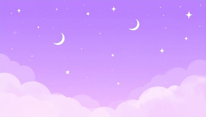 Lavender Sky Crescent Moons, Stars, Clouds, Pastel Purple Background, Dreamy Night, Celestial Art Pastel, Aesthetic