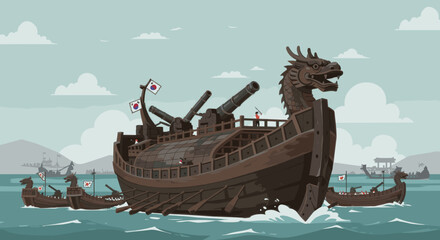  depicts an ancient ship, possibly a traditional battleship, with large sails and a dragon-shaped bow. The ship is shown cutting through the waves, creating a sense of movement and historical strength
