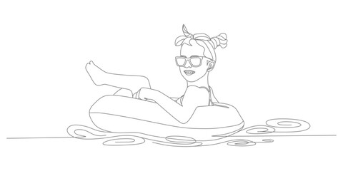 Woman Relaxing on Pool Float – Minimalist Continuous‑Line Vector Illustration