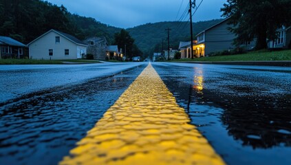 Wet asphalt road at twilight, yellow center line