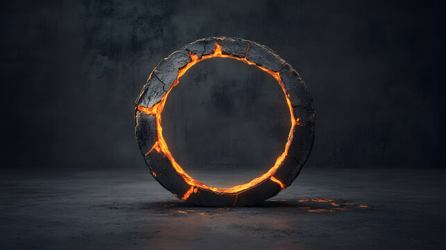 Cracked stone ring glowing with molten lava inside stands on dark concrete floor, emitting intense fiery orange light that contrasts with cold, dark background - Powered by Adobe