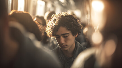 Young man feeling sad and lonely on crowded commuter train