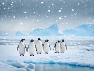 Penguins Waddling Across Icy Antarctica, Snowfall in Background, Nature Scene, Winter Wonderland View