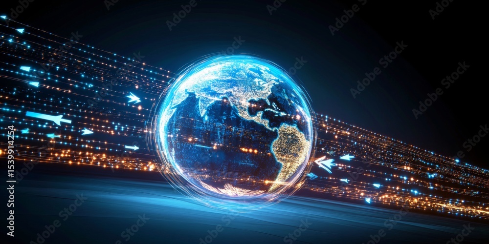 Poster dramatic abstract imagery of a digital future network system connecting across the globe
