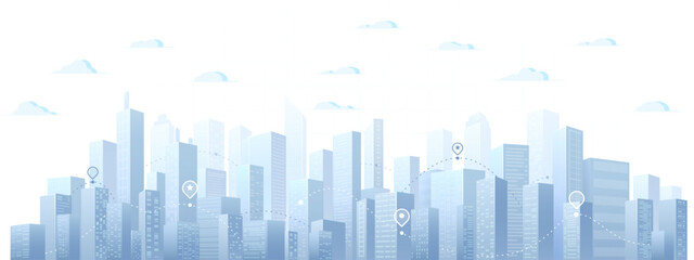 City panorama. GPS navigation to pins and multiple markers. Abstract horizontal background cityscape. Buildings of business district. Editable vector illustration