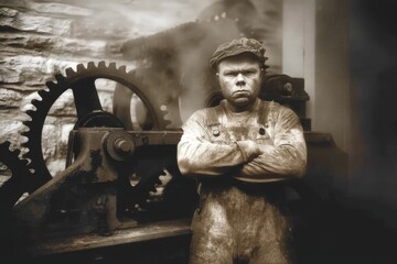 Industrial worker in oil-stained overalls stands next to a steam-powered winch Black and white