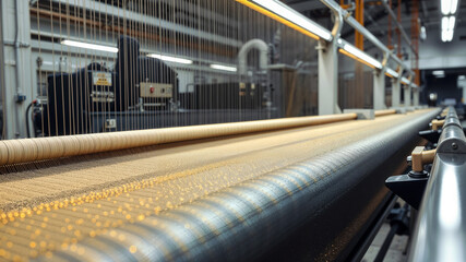Naklejka premium Industrial textile production facility. Modern textile manufacturing equipment with fabric rolls and automated machinery in industrial factory setting.