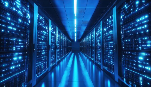 Futuristic server room, blue light, rows of racks - Powered by Adobe