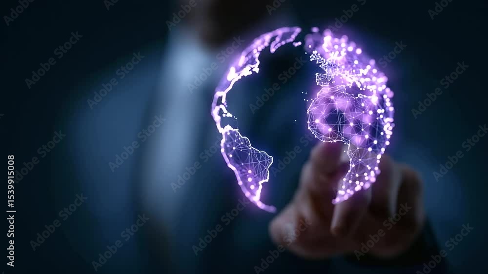 Poster a businessman leverages ai technology to analyze customer data within a global network.