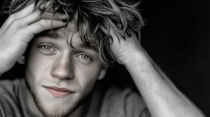 A black and white image of a young man with a quirky expression holding his hair