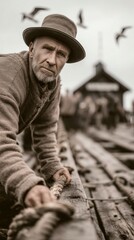 Vintage fisherman in sepia tones working on a wooden dock with seagulls flying overhead Black and white