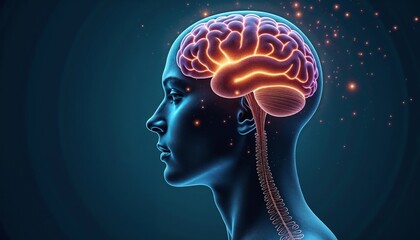 Obraz premium Profile view of a human head with glowing brain, symbolizing intelligence and cognitive processes