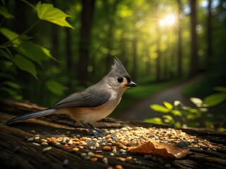 A small tufted titmouse bird perched on a fallen log eating seeds in a sunlit green forest.