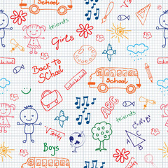 Hand-drawn seamless vector pattern with school icons, alphabet, and numbers, perfect for child-friendly web design or wallpaper illustration