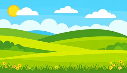 Sunny Meadow Landscape Green Hills, Blue Sky, Flowers, Grass, illustration, nature scene landscape illustration, nature scenery