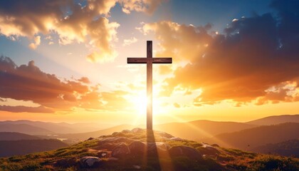 Sunset Cross on Mountaintop, Spiritual Image, Faith,Hope Faith, Christianity