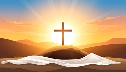 Sunrise Tomb Cross Illustration, Easter, Resurrection