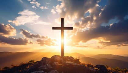 Sunset Cross Silhouette on Mountaintop, Religious, Faith Christianity, Spiritual
