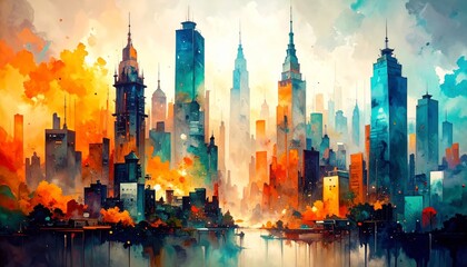 Vibrant Cityscape Watercolor, Orange and Teal Towers, Urban Art, City Painting Cityscape, Watercolor Painting