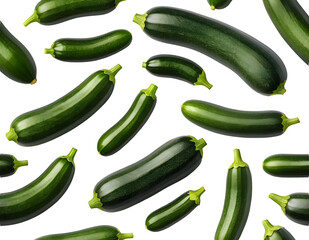Fresh Whole Zucchinis Scattered Seamlessly on White Background – Green Courgettes Isolated for Food Design, Organic Market, Grocery Ads, Packaging Mockups, and Vegetarian Recipe Use