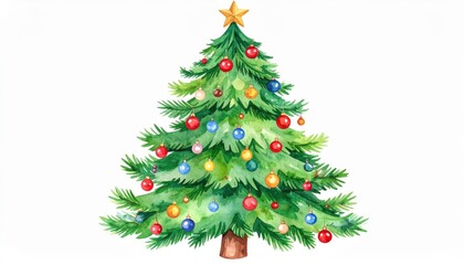 Watercolor Christmas Tree with Colorful Ornaments, Holiday Decoration, Xmas Tree Christmas, Watercolor