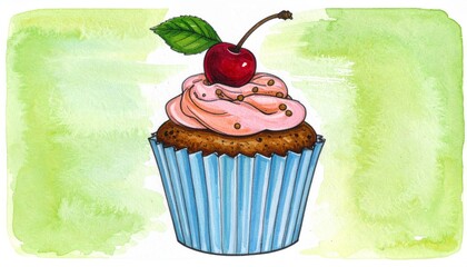 Watercolor Cherry Cupcake Illustration, Baking, Dessert