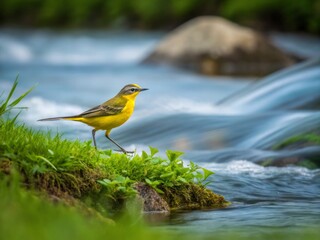 Obraz premium A Yellow Wagtail Bird Running Along a Riverbank with Flowing Stream in Nature Landscape Photography