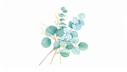 Watercolor Eucalyptus and Gold Branch Botanical Illustration, Greenery, Floral Design