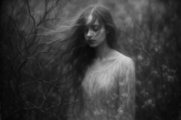 Ethereal monochrome portrait of a young woman, dark hair flowing, eyes closed. She blends into a misty, dreamlike woodland. Haunting and melancholic.