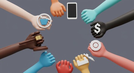 Global Collaboration Diverse Hands Holding Diverse Icons  Symbolize Unity Teamwork and Globalized Business