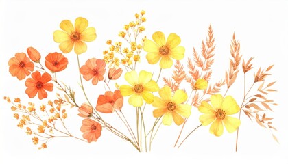 Watercolor Pressed Flowers, Yellow and Orange Floral Bouquet, Botanical Illustration, Dried Flowers Floral arrangement, Watercolor painting