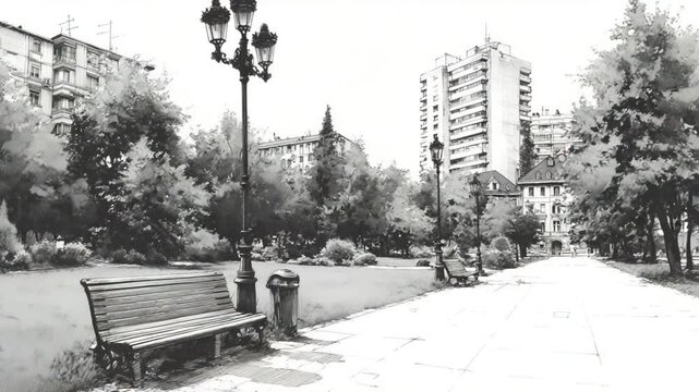 Monochromatic Serenity: A City Parkscape in Striking Black and White Detail Artwork