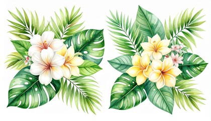 Watercolor Tropical Floral Arrangement White and Yellow Hibiscus with Monstera Leaves, tropical flowers, watercolor painting