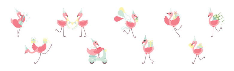 Cute Pink Flamingo Bird in Different Activity Vector Set