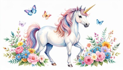 Watercolor Unicorn with Floral Bouquet and Butterflies, Fantasy Art, Cute Animal ,Unicorn, Watercolor