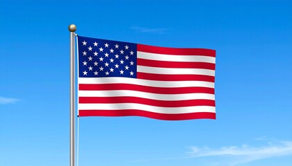 Waving American Flag on Blue Sky, Patriotism, National Symbol, USA Flag. Patriotism, Americana