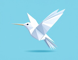 White Origami Hummingbird on Blue Background, Paper Bird, Origami Art ,Hummingbird, Origami