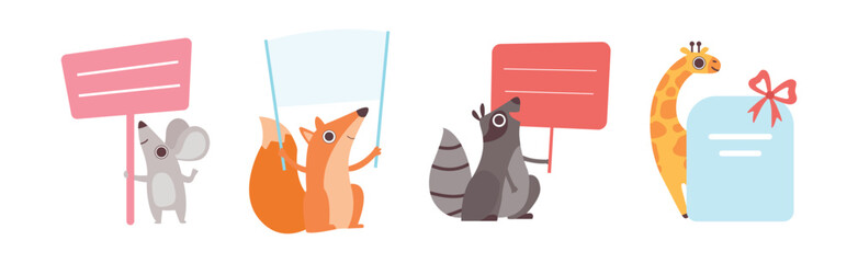 Fototapeta premium Funny Animal Character Holding Banner or Placard Vector Set