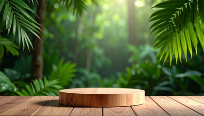 Wooden Product Display Tropical Leaves Background, nature product, tropical backdrop