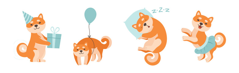 Shiba Inu Dog Character in Different Activity Vector Set