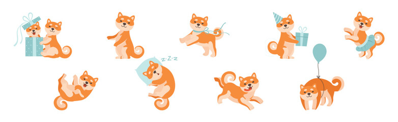 Shiba Inu Dog Character in Different Activity Vector Set