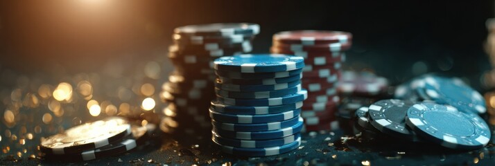 Stacks of Colorful Casino Chips Highlighted by Soft Lighting on a Casino Floor During a Lively Evening